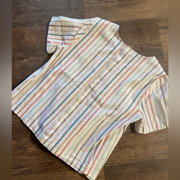 Madewell Button Back Tie Tee In Rainbow Stripe Short Sleeve Off White Size Small - Picture 5 of 5